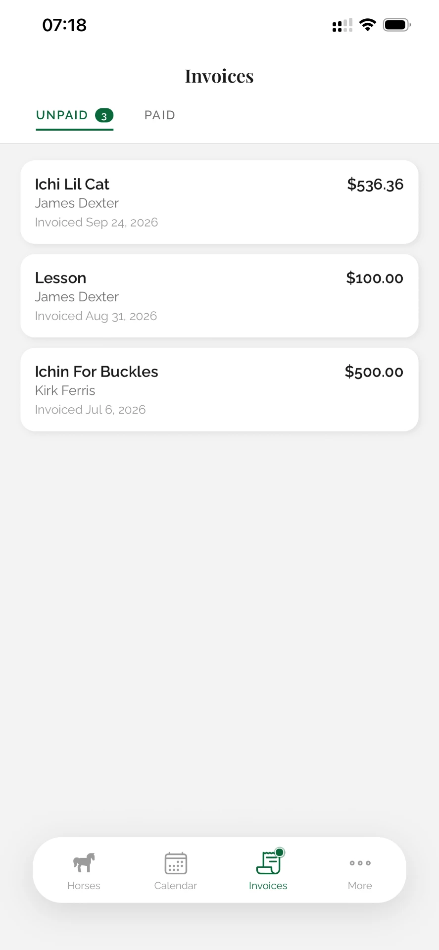 STABLE pro mobile app — unpaid invoices list with client names and amounts